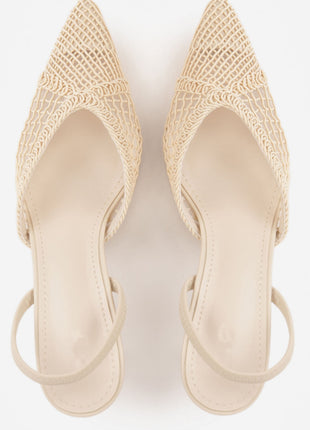 Textured Mesh Pointed Toe Slingback Kitten Court Heels