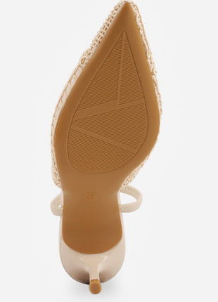 Textured Mesh Pointed Toe Slingback Kitten Court Heels