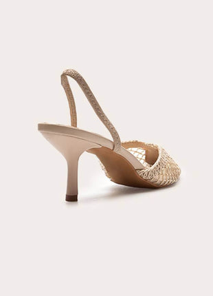 Textured Mesh Pointed Toe Slingback Kitten Court Heels