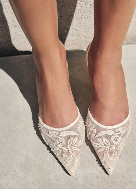 Bridal Beaded Embroidered Mesh Pointed Toe Slingback Kitten Court Heels