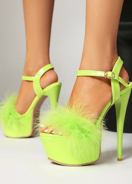Open Toe Fluffy Feather Ankle Strap Platform Stiletto High Heel Sandal