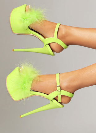 Open Toe Fluffy Feather Ankle Strap Platform Stiletto High Heel Sandal
