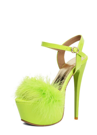 Open Toe Fluffy Feather Ankle Strap Platform Stiletto High Heel Sandal