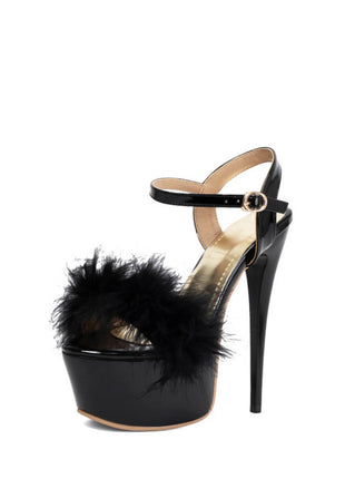 Open Toe Fluffy Feather Ankle Strap Platform Stiletto High Heel Sandal