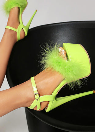 Open Toe Fluffy Feather Ankle Strap Platform Stiletto High Heel Sandal