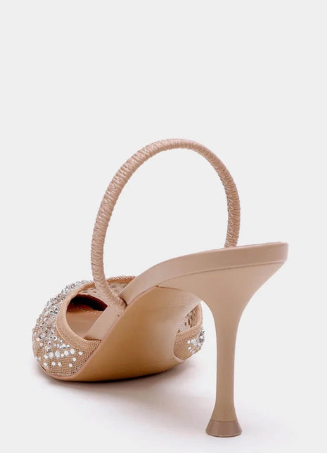 Mesh Diamante Embellished Slingback Pointed Toe Kitten Heels