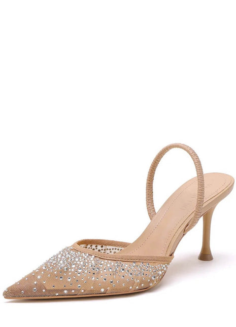 Mesh Diamante Embellished Slingback Pointed Toe Kitten Heels