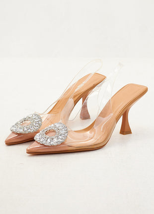 Rhinestone Embellished Clear Perspex Pointed Toe Slingback Court Heel Sandals