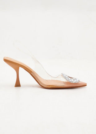 Rhinestone Embellished Clear Perspex Pointed Toe Slingback Court Heel Sandals
