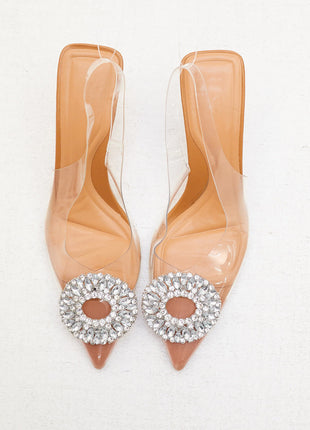Rhinestone Embellished Clear Perspex Pointed Toe Slingback Court Heel Sandals