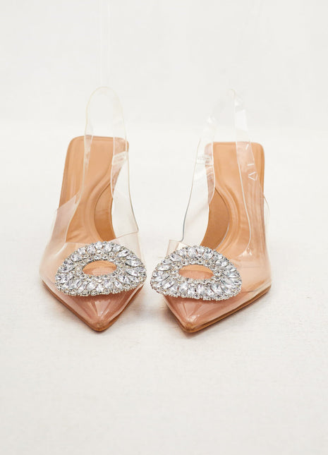 Rhinestone Embellished Clear Perspex Pointed Toe Slingback Court Heel Sandals