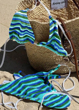 Blue Striped Terry Towelling Triangle Halter Tie Side Bikini Set