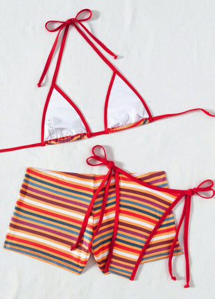 Mauve And White Striped Triangle Halter Tie Side Bikini Set