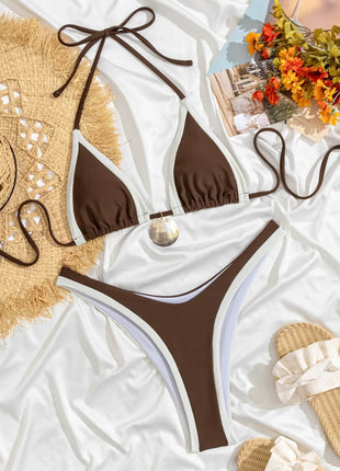 Contrast Chocolate White Color Blocking Halter Tie Side Bikini Set