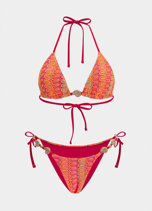 Multi Textured Crochet Triangle Halter Tie Side Bikini Set With Gold Shell Hardware Detail