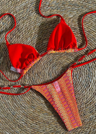 Multi Textured Crochet Triangle Halter Tie Side Bikini Set With Gold Shell Hardware Detail