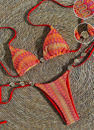 Multi Textured Crochet Triangle Halter Tie Side Bikini Set With Gold Shell Hardware Detail