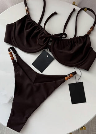 Drawstring Tie Front Underwired Bikini Set With Bead Details