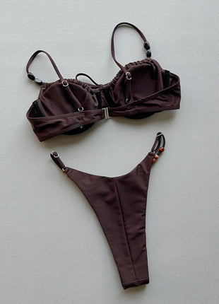 Drawstring Tie Front Underwired Bikini Set With Bead Details