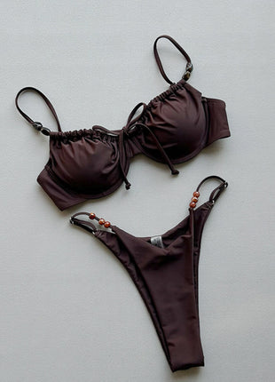Drawstring Tie Front Underwired Bikini Set With Bead Details