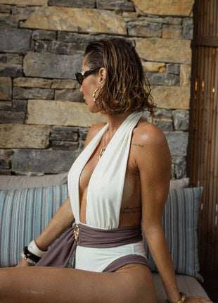 Color Block Plunge Halter Tie-Up One Piece Swimsuit With Gold Hardware Detailing