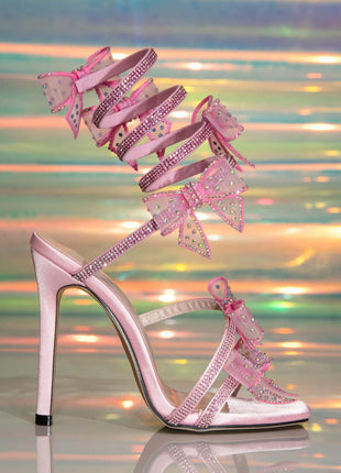 Crystal-Embellished Bow Around The Ankle Coil Stiletto Sandals