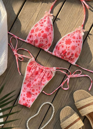 Floral Print Triangle Halter Tie Side Bikini Set With Bows Detailing