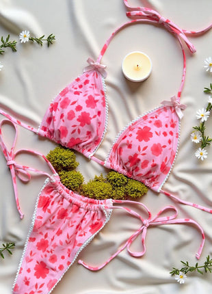 Floral Print Triangle Halter Tie Side Bikini Set With Bows Detailing