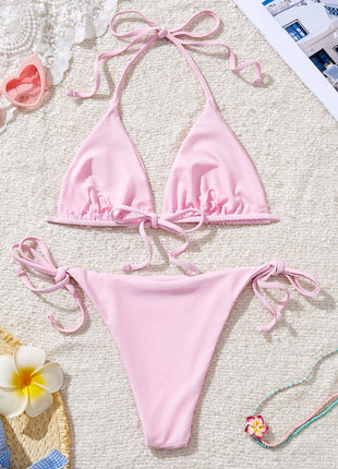 Crystal-Embellished Triangle Halter Tie Side Bikini Set