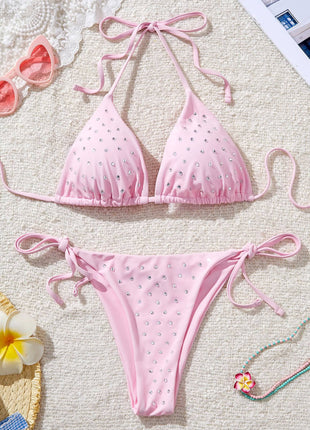 Crystal-Embellished Triangle Halter Tie Side Bikini Set