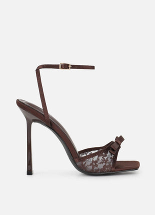 Brown Lace Bow Detail Open Square Toe Heeled Sandals