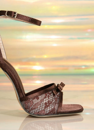 Brown Lace Bow Detail Open Square Toe Heeled Sandals