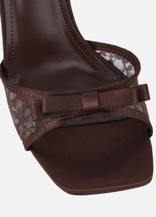 Brown Lace Bow Detail Open Square Toe Heeled Sandals