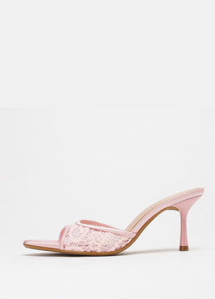 Lace Peep-Toe Heeled Mule Sandals