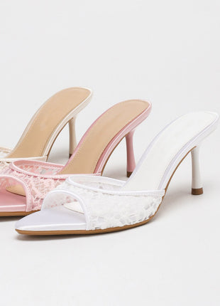 Lace Peep-Toe Heeled Mule Sandals