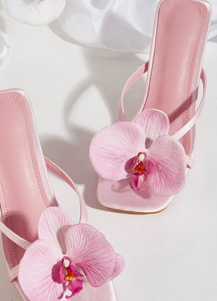 Flower Detail Square Toe Heeled Mule Sandals