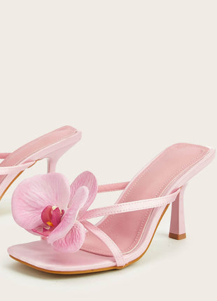 Flower Detail Square Toe Heeled Mule Sandals