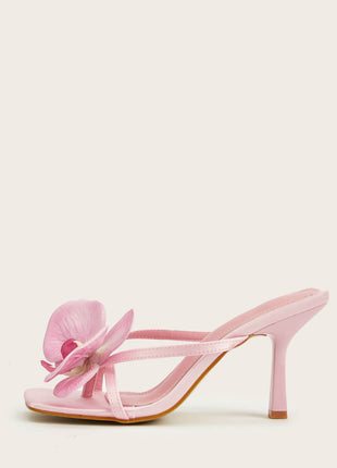 Flower Detail Square Toe Heeled Mule Sandals