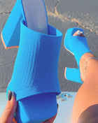 Lycra & Knit Chunky Open Toe Platform High Heeled Mules
