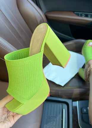 Lycra & Knit Chunky Open Toe Platform High Heeled Mules