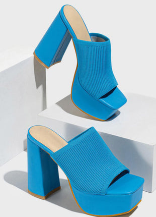 Lycra & Knit Chunky Open Toe Platform High Heeled Mules