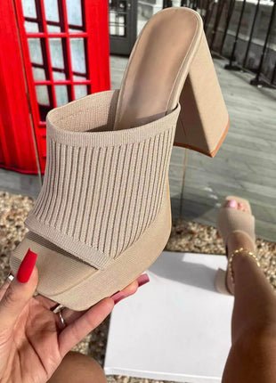 Lycra & Knit Chunky Open Toe Platform High Heeled Mules
