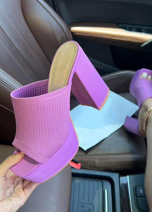 Lycra & Knit Chunky Open Toe Platform High Heeled Mules