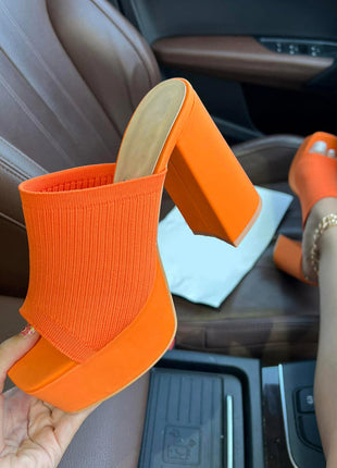 Lycra & Knit Chunky Open Toe Platform High Heeled Mules