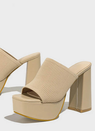 Lycra & Knit Chunky Open Toe Platform High Heeled Mules