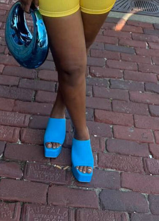 Lycra & Knit Chunky Open Toe Platform High Heeled Mules