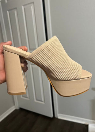 Lycra & Knit Chunky Open Toe Platform High Heeled Mules