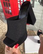 Lycra & Knit Chunky Open Toe Platform High Heeled Mules