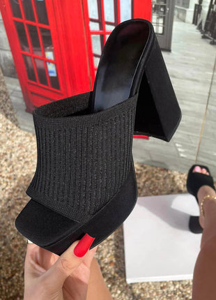 Lycra & Knit Chunky Open Toe Platform High Heeled Mules