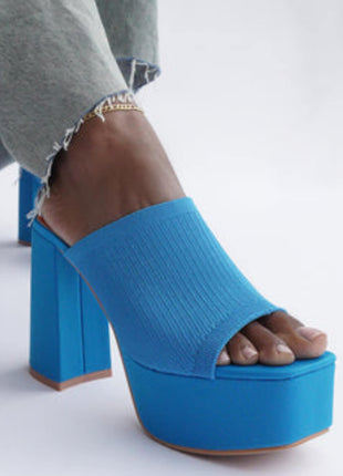 Lycra & Knit Chunky Open Toe Platform High Heeled Mules